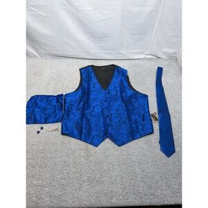 DiBanGu Paisley Vest Set (Tie Hankie Clip Cuff-links) Blue Size XL 80% Silk New